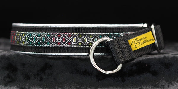 1 Inch Collar, Silver Colored Diamonds on Black Web with Silver Leather and Chrome Hardware