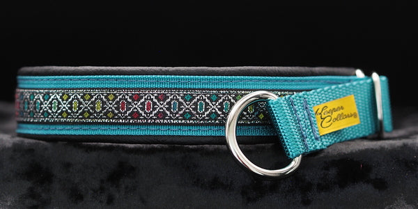 1 Inch Collar, Silver Colored Diamonds on Teal Web with Black Leather and Chrome Hardware