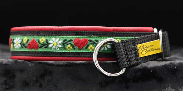 1 Inch Collar, Swiss Harts on Green back with Black Web and Red Leather and Chrome Hardware
