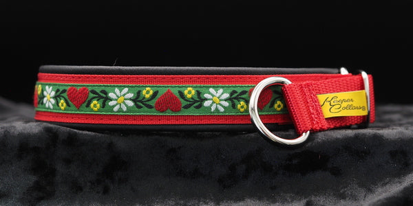 1 Inch Collar, Swiss Harts on Green back with Red Web and Black Leather and Chrome Hardware