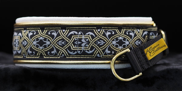 1 1/2 Inch Double Leather Collar Gold and Light Gray Filigree on Black Web with Metallic Gold and White Leather and Brass Hardware