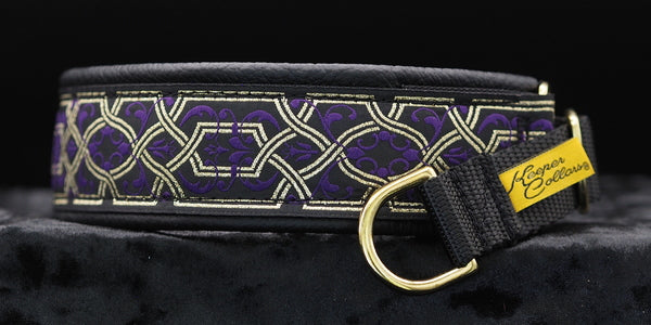 1 1/2 Inch Collar Gold and Purple Filigree on Black Web with Black Leather and Brass Hardware