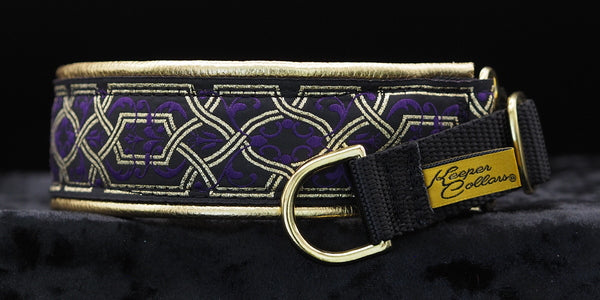 1 1/2 Inch Collar Gold and Purple Filigree on Black Web with Gold Leather and Brass Hardware