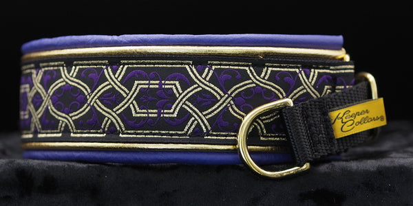 1 1/2 Inch Double Leather Collar Gold and Purple Filigree on Black Web with Metallic Gold and Purple Leather and Brass Hardware