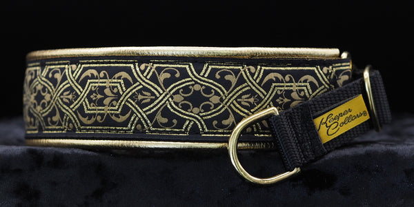 1 1/2 Inch Collar Gold and Tan Filigree on Black Web with Metallic Gold Leather and Brass Hardware