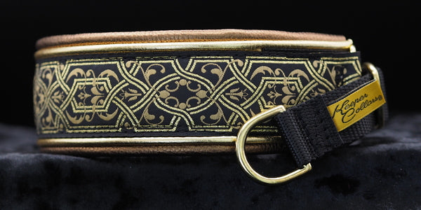 1 1/2 Inch Double Leather Collar Gold and Tan Filigree on Black Web with Metallic Gold and Metallic Copper Leather and Brass Hardware