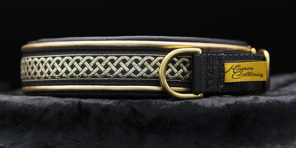 1 Inch Double Leather Collar Gold Celtic Knot on Black Web with Metallic Gold and Black Leather and Brass Hardware