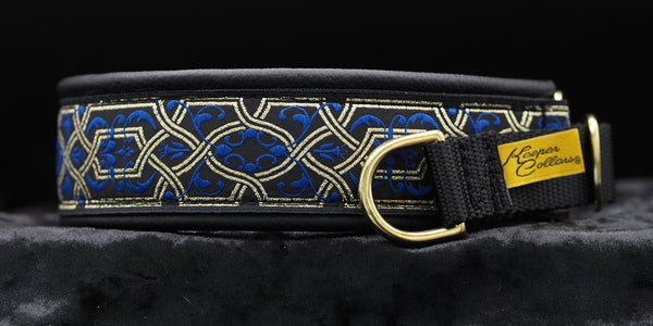 1 1/2 Inch Collar Gold and Blue Filigree on Black Web with Black Leather and Brass Hardware