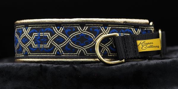 1 1/2 Inch Collar Gold and Blue Filigree on Black Web with Gold Leather and Brass Hardware