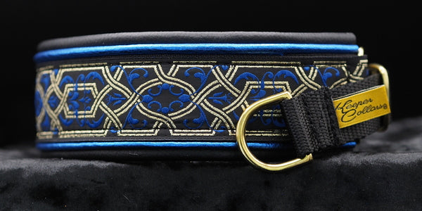 1 1/2 Inch Double Leather Collar Gold and Blue Filigree on Black Web with Metallic Blue and Black Leather and Brass Hardware