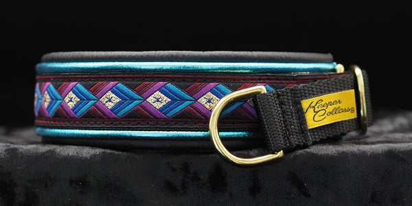 1 Inch Double Leather Collar Gold and Purple Arrows on Black Web with Metallic Teal and Black Leather and Brass Hardware