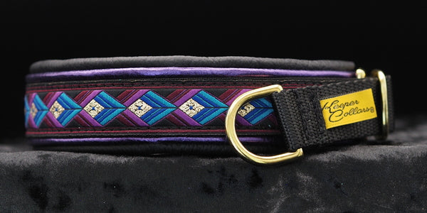 1 Inch Double Leather Collar Gold and Purple Arrows on Black Web with Metallic Purple and Black Leather and Brass Hardware