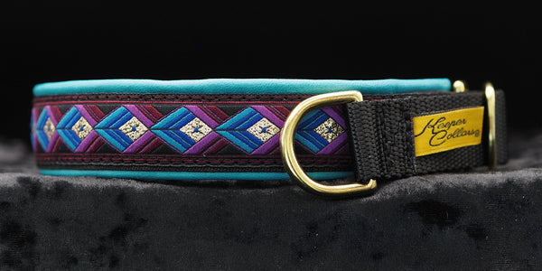 1 Inch Collar Gold and Burgundy Arrowhead on Black Web with Teal Leather and Brass Hardware