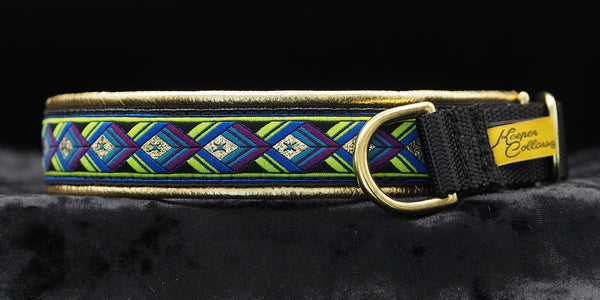 1 Inch Collar Gold and Lime Green Arrowhead on Black Web with Gold Leather and Brass Hardware