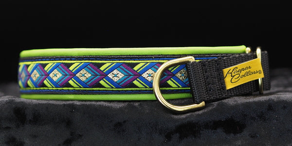 1 Inch Collar Gold and Lime Green Arrowhead on Black Web with Lime Leather and Brass Hardware