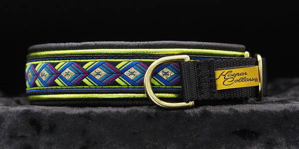 1 Inch Double Leather Collar Gold and Lime Arrows on Black Web with Metallic Lime and Black Leather and Brass Hardware