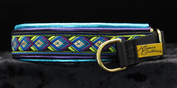 1 Inch Double Leather Collar Gold and Lime Arrows on Black Web with Metallic Purple and Metallic Teal Leather and Brass Hardware
