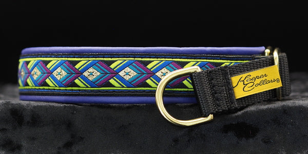 1 Inch Collar Gold and Lime Green Arrowhead on Black Web with Purple and Brass Hardware