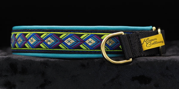 1 Inch Collar Gold and Lime Green Arrowhead on Black Web with Teal Leather and Brass Hardware