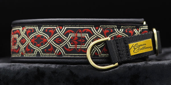 1 1/2 Inch Collar Gold and Red Filigree on Black Web with Black Leather and Brass Hardware