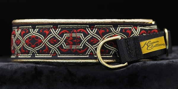 1 1/2 Inch Collar Gold and Red Filigree on Black Web with Gold Leather and Brass Hardware