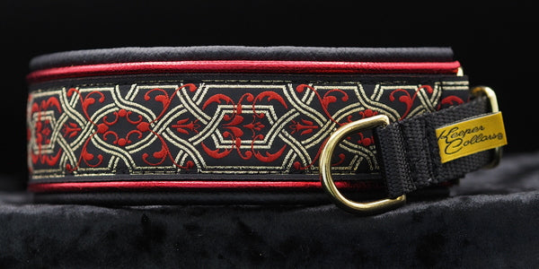 1 1/2 Inch Double Leather Collar Gold and Red Filigree on Black Web with Metallic Red and Black Leather and Brass Hardware