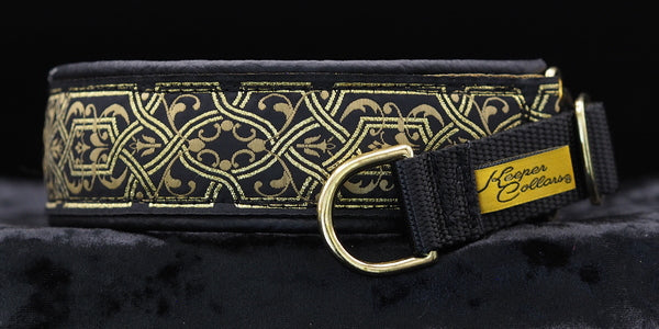 1 1/2 Inch Collar Gold and Tan Filigree on Black Web with Black Leather and Brass Hardware