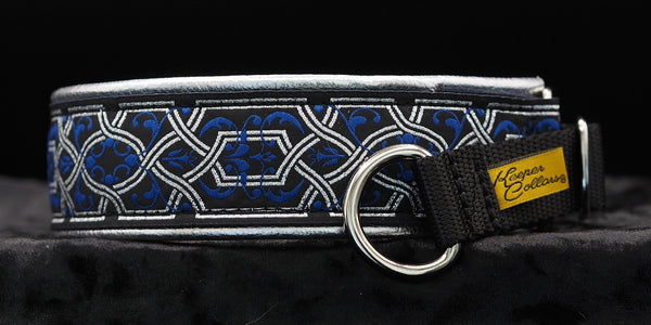 1 1/2 Inch Collar Silver and Blue Filigree on Black Web with Silver Leather and Chrome Hardware (Copy)