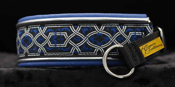 1 1/2 Inch Double Leather Collar Silver and Blue Filigree on Black Web with Metallic Silver and Blue Leather and Chrome Hardware