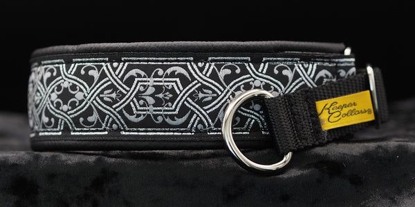 1 1/2 Inch Collar Silver and Light Gray Filigree on Black Web with Black Leather and Chrome Hardware