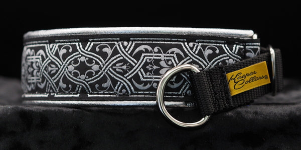 1 1/2 Inch Collar Silver and Light Gray Filigree on Black Web with Silver Leather and Chrome Hardware