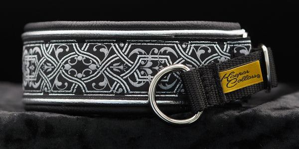 1 1/2 Inch Double Leather Collar Silver and Light Gray Filigree on Black Web with Metallic Silver and Black Leather and Chrome Hardware