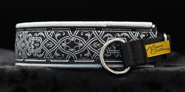 1 1/2 Inch Collar Silver and Light Gray Filigree on Black Web with White Leather and Chrome Hardware