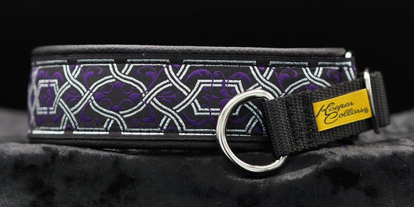 1 1/2 Inch Collar Silver and Purple Filigree on Black Web with Black Leather and Chrome Hardware