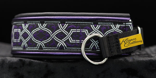 1 1/2 Inch Double Leather Collar Silver and Purple Filigree on Black Web with Metallic Purple and Black Leather and Chrome Hardware