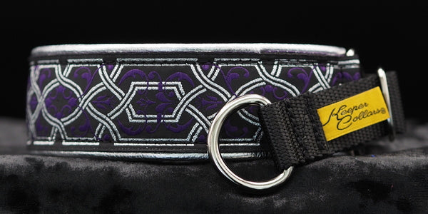1 1/2 Inch Collar Silver and Purple Filigree on Black Web with Silver Leather and Chrome Hardware