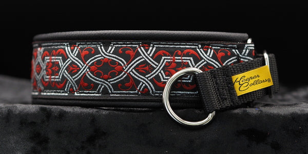 1 1/2 Inch Collar Silver and Red Filigree on Black Web with Black Leather and Chrome Hardware