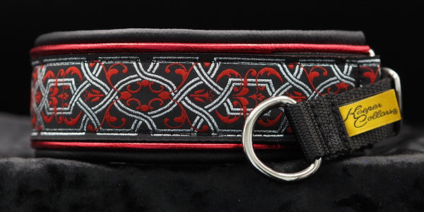 1 1/2 Inch Double Leather Collar Silver and Red Filigree on Black Web with Metallic Red and Black Leather and Chrome Hardware