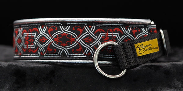 1 1/2 Inch Collar Silver and Red Filigree on Black Web with Silver Leather and Chrome Hardware