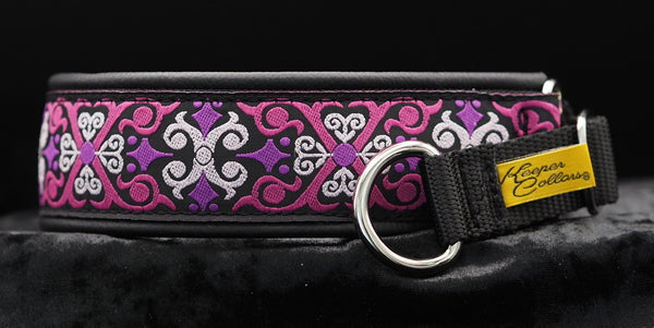1 1/2 Inch Collar Big Pink Xs on Black Web with Black Leather and Chrome Hardware
