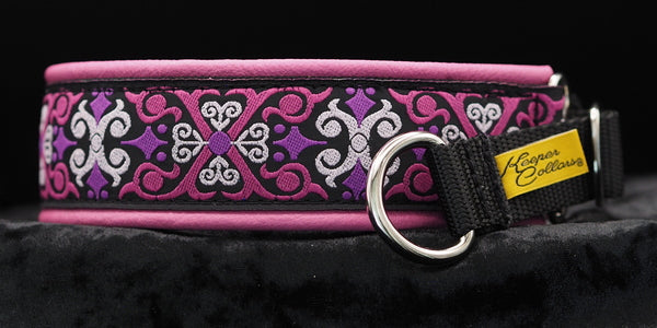 1 1/2 Inch Collar Big Pink Xs on Black Web with Bubble Gum Pink Leather and Chrome Hardware