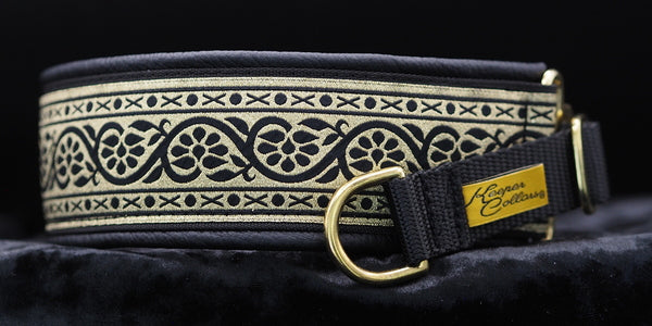 2 Inch Collar Gold Xs and Os Gold back up on Black Web with Black Leather and Brass Hardware this can be crystaled