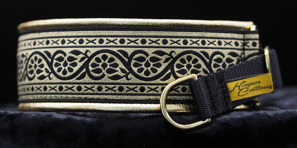 2 Inch Collar Gold Xs and Os Gold back up on Black Web with Metallic Gold Leather and Brass Hardware this can be crystaled