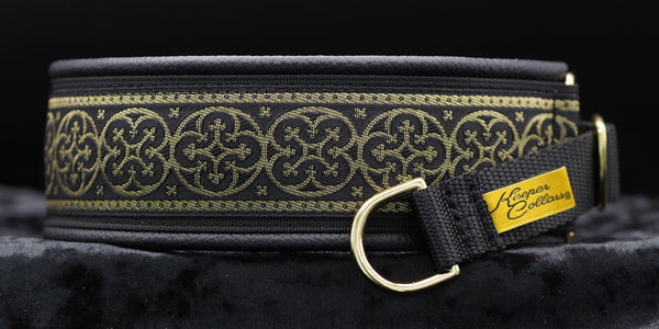 2 Inch Collar Gold and Black Shields on Black Web with Black Leather and Brass Hardware