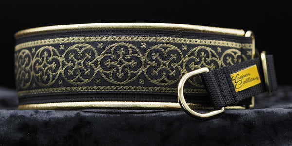 2 Inch Collar Gold and Black Shields on Black Web with Metallic Gold Leather and Brass Hardware