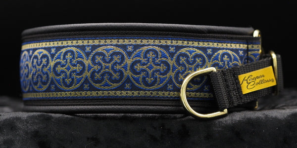 2 Inch Collar Gold and Blue Shields on Black Web with Black Leather and Brass Hardware