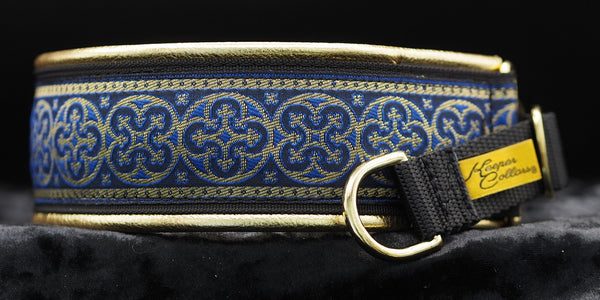 2 Inch Collar Gold and Blue Shields on Black Web with Metallic Gold Leather and Brass Hardware