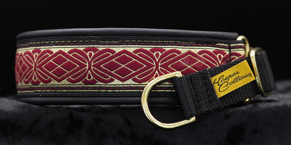 1 1/2 Inch Collar Large Gold and Burgundy Diamonds on Black Web with Black Leather and Brass Hardware