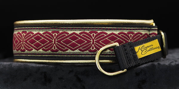 1 1/2 Inch Collar Large Gold and Burgundy Diamonds on Black Web with Metallic Gold Leather and Brass Hardware