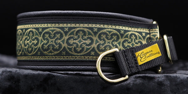 2 Inch Collar Gold and Green Shields on Black Web with Black Leather and Brass Hardware